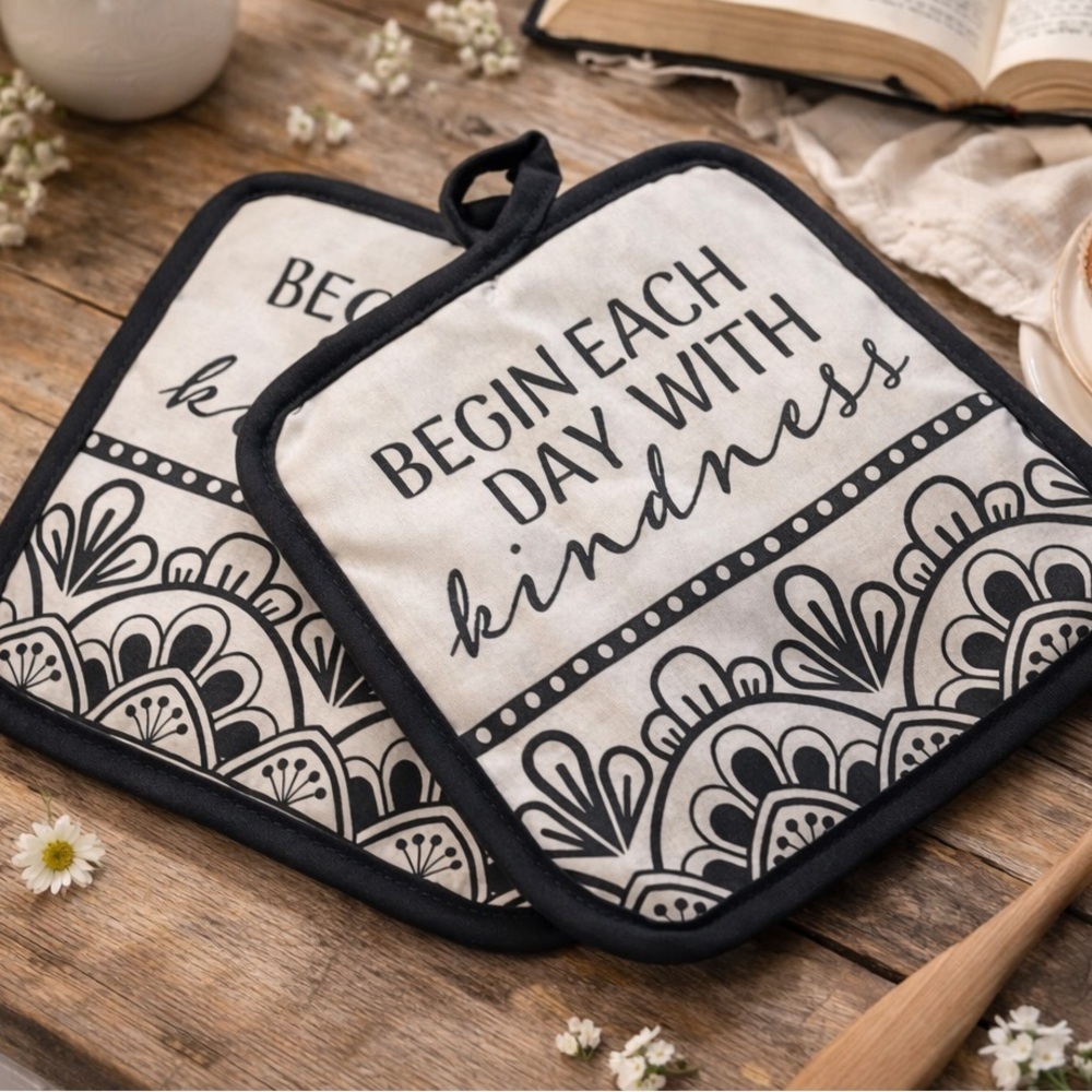 Black and White Pot Holders with Inspirational Quote- Begin Each Day w Kindness